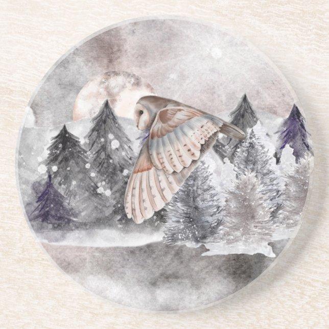 En Grès Barne Owl Moon Aquarelle Forêt Dessous de verre de (Devant)