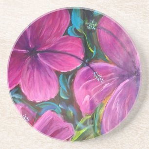 En Grès Dessous de verre avec peinture de fleurs d'Hibiscu