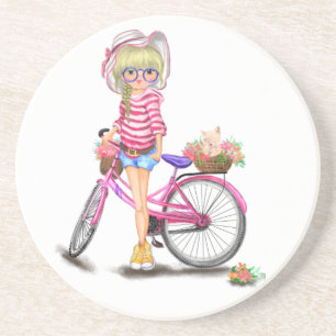 En Grès Dessous de verre Blonde fille avec Vélo rose