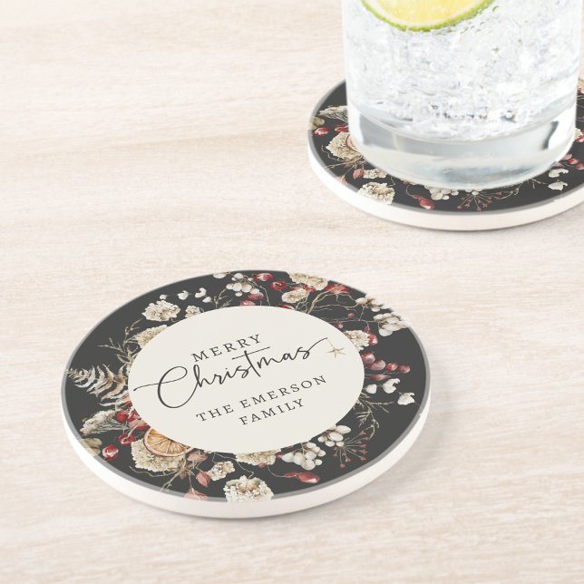 En Grès Dessous de verre de Noël noir (Black Botanical Christmas Holiday Coasters
)