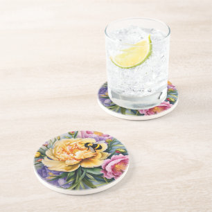 En Grès Dessous de verre personnalisé de fleurs et d'abeil
