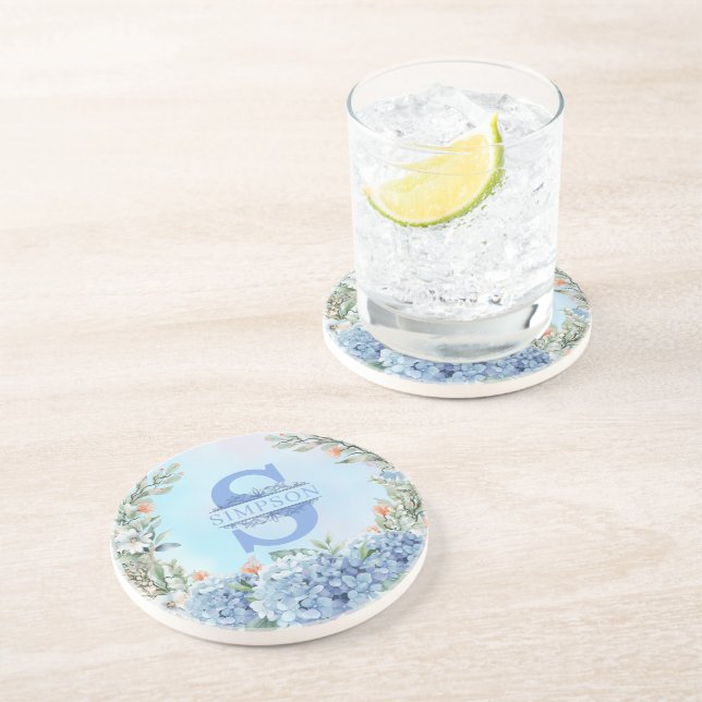 En Grès Dessous de verre rond Blue Hydrangea Monogram (Côté)