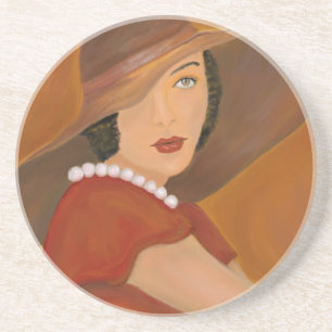 En Grès Dessous de verre vintages de peinture de fille de