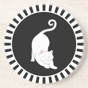 En Grès Joli chaton blanc sur dessous de verre noir et bla