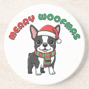 En Grès Noël Boston Terrier Dessous de verre : Joyeux Woof