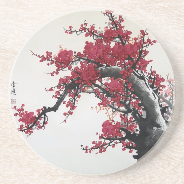 En Grès Peinture chinoise - dessous de verre de fleurs de (Devant)