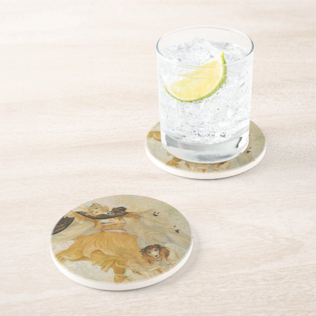 En Grès Vintage dame avec ses Dessous de verre de chien (Côté)