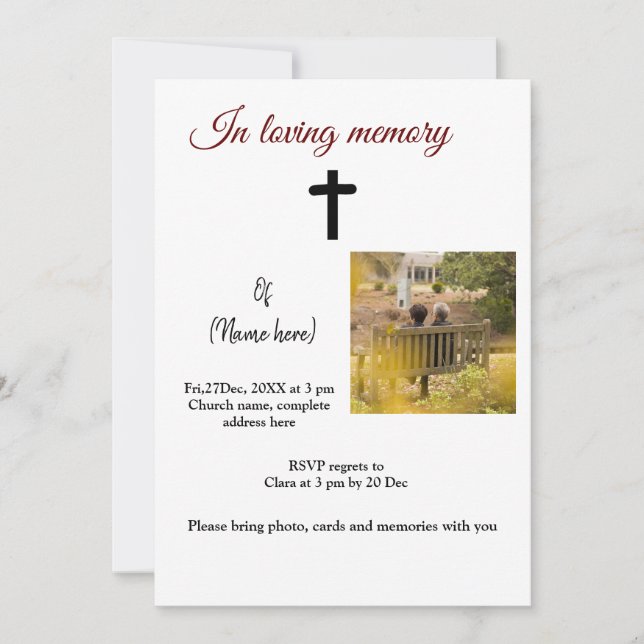 en mémoire d'amour photo mémorial invitation funér (Devant)