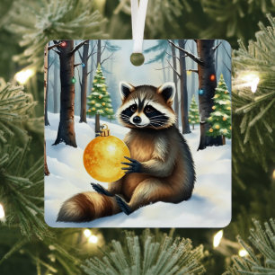 En Métal Joli Raton Laveur d'Hiver avec Ornement Doré Noël