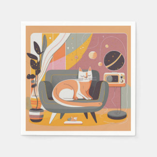 En Papier Chat Retro Illustré sur Lounger Cocktail serviette