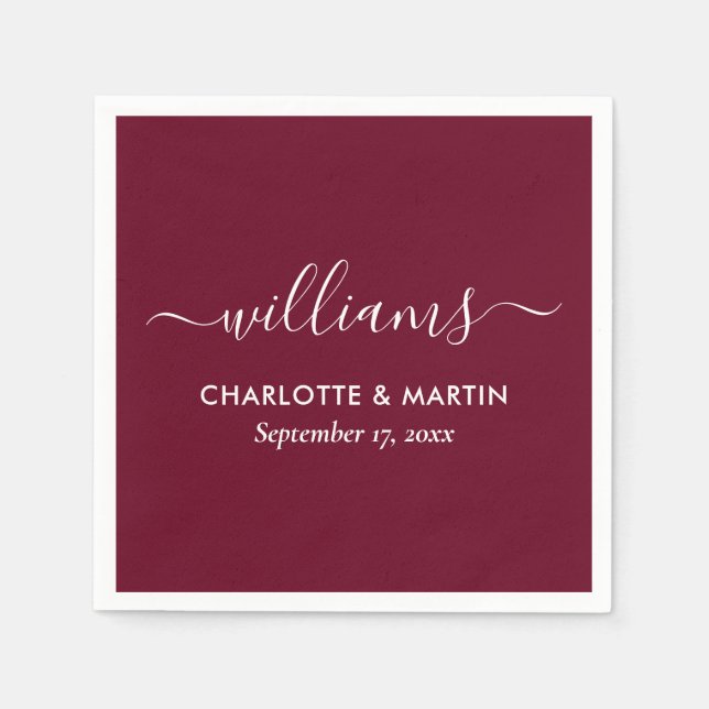 En Papier Élégant script moderne Mariage Bourgogne serviette (Devant)