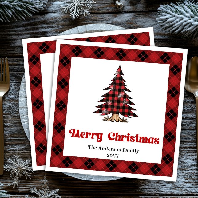 En Papier Élégante serviette de Noël à carreaux rouge et noi (Chic Red Black Plaid Christmas Napkin Personalized)