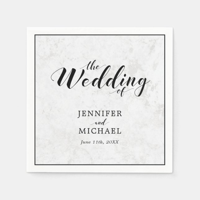 En Papier Marbre & Noir | Serviette de mariage à typographie (Devant)