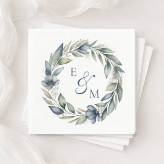 En Papier Serviette de mariage à couronne florale bleue et s