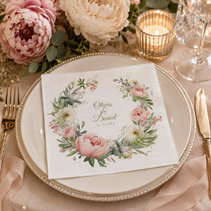 En Papier Serviette de mariage à la pivoine rose et ivoire
