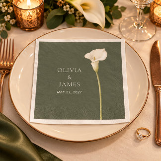 En Papier Serviette de mariage avec calla lily vert olive