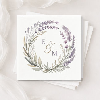 En Papier Serviette de mariage Couronne florale violette et
