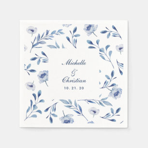 En Papier Serviette de mariage florale aquarelle bleue