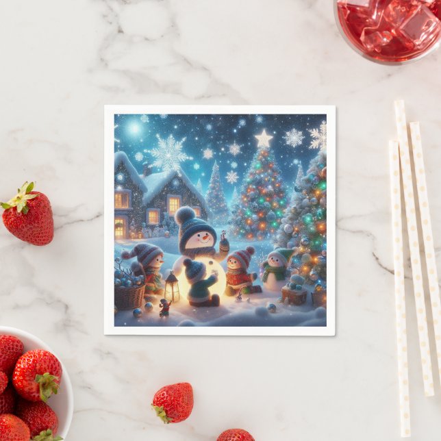 En Papier Serviette de Noël Bonhomme de Neige Enchanté (En situation)