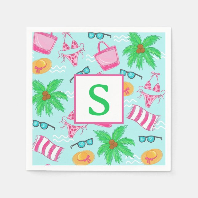 En Papier Serviette de plage préppy Bikini Palmier Monogramm (Devant)