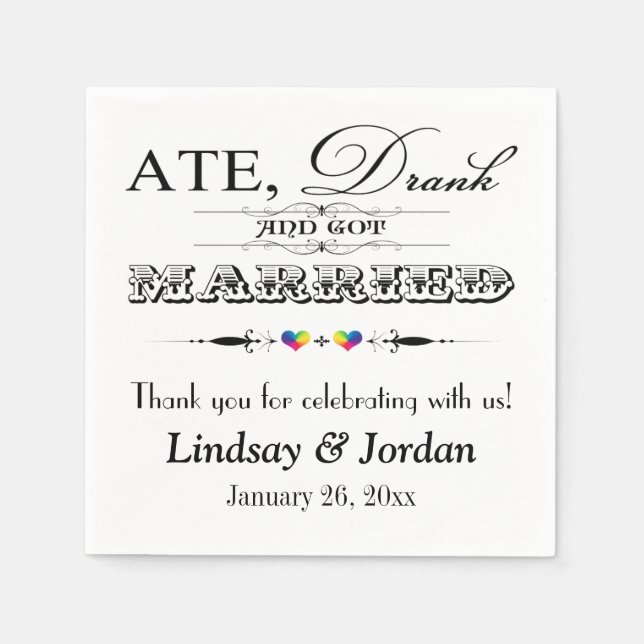 En Papier Serviettes Mariages Rainbow Hearts et Scrolls (Devant)