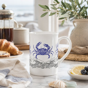 En Porcelaine Tasse à café Crabe Bleu Côtiers avec Vagues Océani