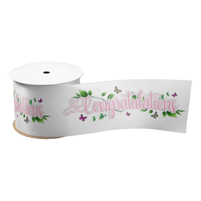 En Satin Pink Floral Félicitations texte Ruban (Bobine)