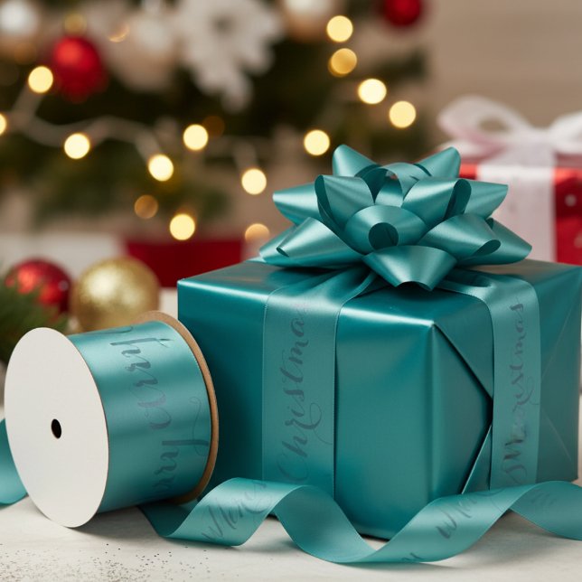En Satin Ruban de Noël Aqua Merry (Aqua teal holiday ribbon)