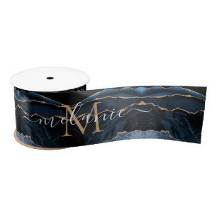 En Satin Ruban Pailleté Or Bleu Marine Monogramme Prénom