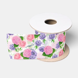 En Satin Ruban satiné Tit oiseau et fleurs
