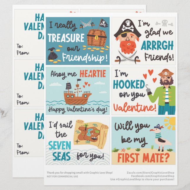 En-tête De Lettre 6 Pirate Kids Classroom Valentines Day Cards (Devant / Derrière)