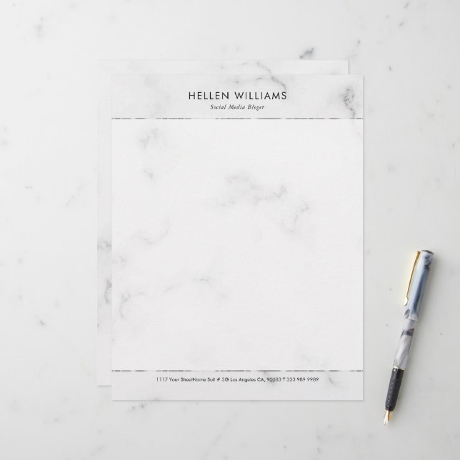 En-tête De Lettre Accent d'argent en faux marbre blanc personnalisé (Devant/Arrière en situation)