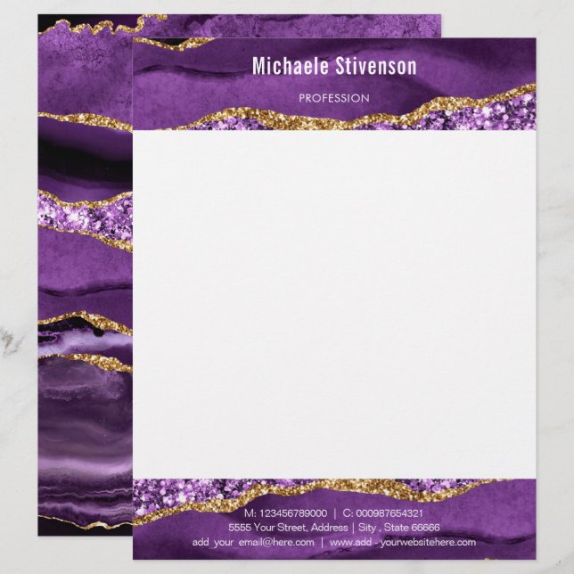En-tête De Lettre Agate Violet violet or Parties scintillant moderne (Devant / Derrière)