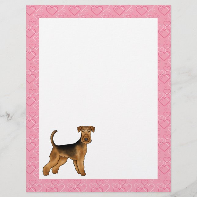 En-tête De Lettre Airedale Terrier Cartoon Chien Coeur Motif rose (Devant)