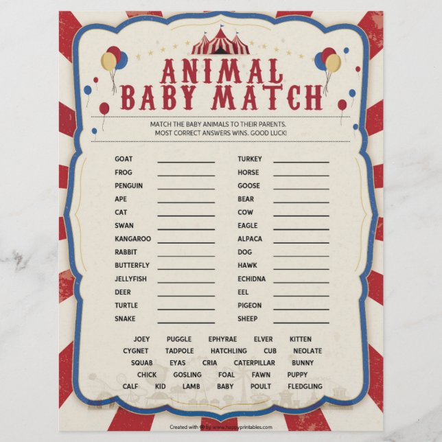 En-tête De Lettre Animal Baby Match [Thème du cirque] (Devant)