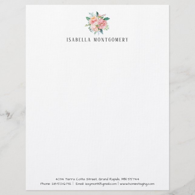 En-tête De Lettre Aquarelle Blush Floral Letterhead Personnalisé (Devant)