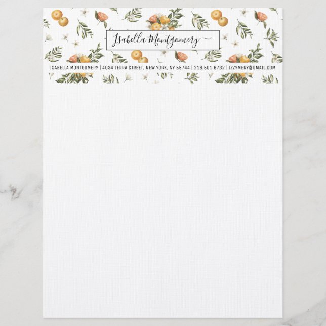 En-tête De Lettre Aquarelle de fille Tangérine Citrus Boho | Monogra (Devant)