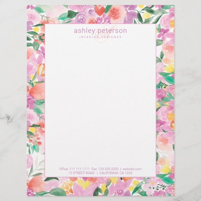 En-tête De Lettre Aquarelle fleurie violette rose monochrome élégant (Devant)