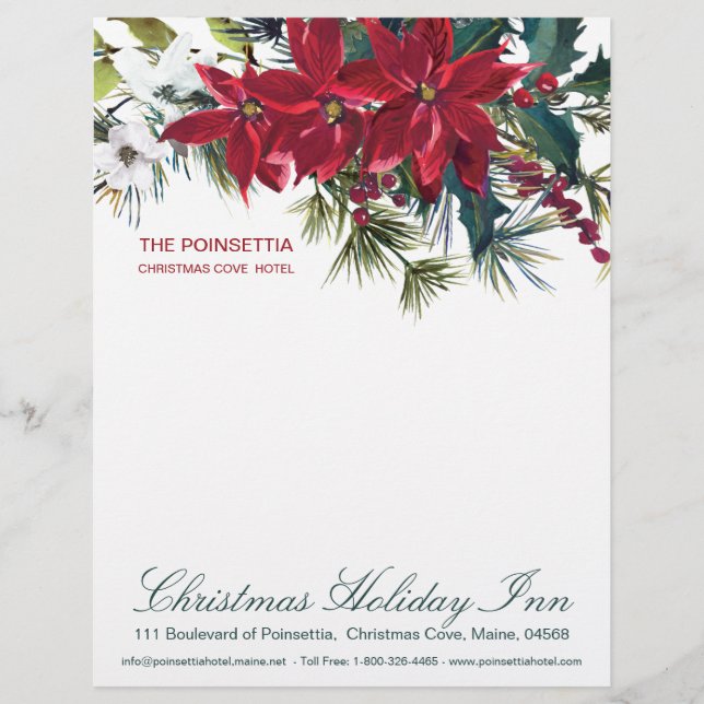 En-tête De Lettre Aquarelle Noël Poinsettia & Holly, pin (Devant)