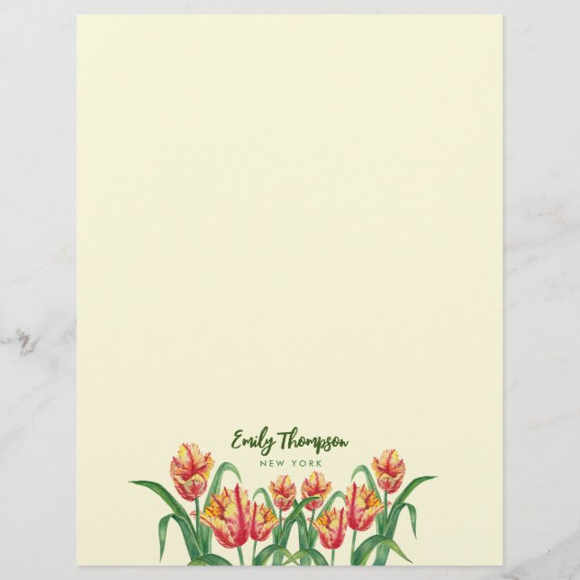 En-tête De Lettre Aquarelle Parrot Jaune Tulipes Art Floral (Dos)