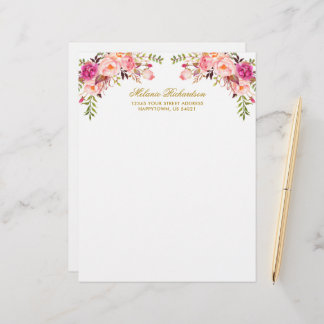 En-tête De Lettre Aquarelle rose Blush Floral Or Personnalisé