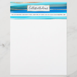 En-tête De Lettre Artsy Ocean Aqua Bleu Or Abstrait Paint Stripes