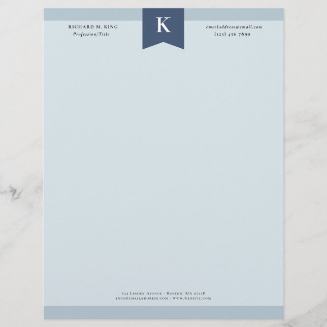 En-tête De Lettre Ash Blue Elegant Bold Monogram Coordonnées (Devant)