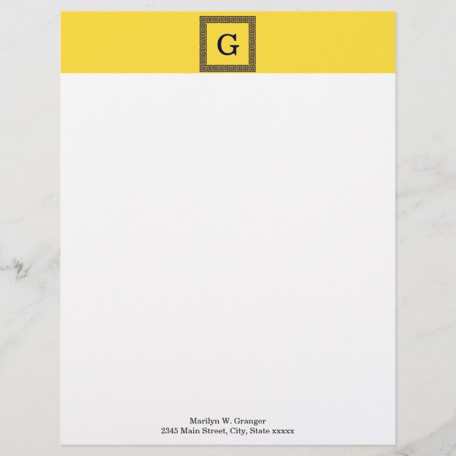 En-tête De Lettre Avec Motif Ananas, Clé grecque bleue marine #1 Monogramme enc (Devant)