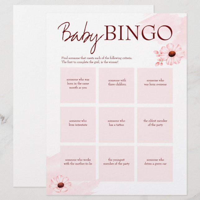 En-tête De Lettre Baby shower rose jeu de bingo modèle personnalisé (Devant / Derrière)