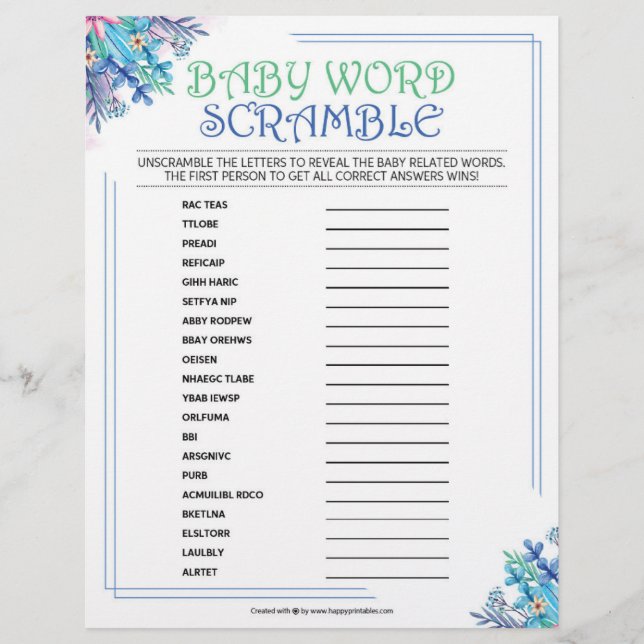 En-tête De Lettre Bébé Mot Scramble [Floral Bleu] (Devant)