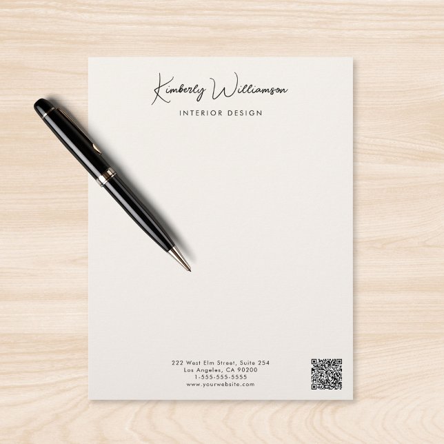 En-tête De Lettre Business Name Signature Script QR Code Cream (Business Name Signature Script QR Code Cream Letterhead)