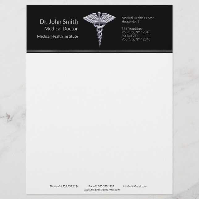 En-tête De Lettre Caducée Médicale Silver Classy sur Noir (Devant)
