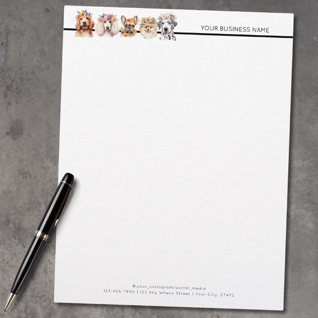 En-tête De Lettre Chiens adorables avec couronne de fleurs, aquarell (Créateur téléchargé)