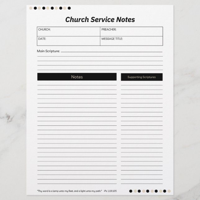 En-tête De Lettre Church Service Christian Black Notes (Devant)